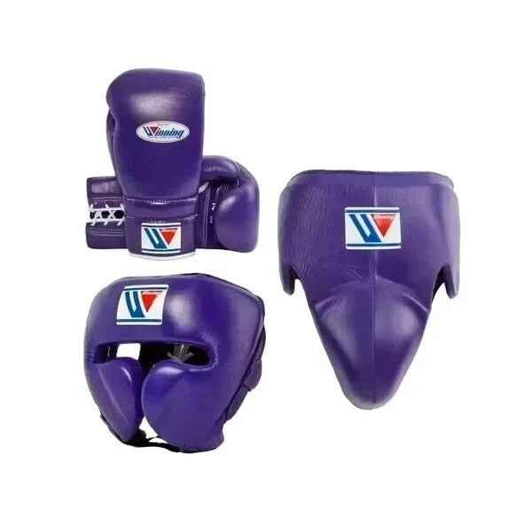 Winning professional custom 3-piece boxing sparring gear set featuring a matching lace-up glove pair, full-face headguard, and groinguard in uniform royal purple leather with white trim accents.