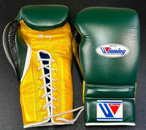 Custom Winning professional 16 oz lace-up training boxing gloves in a forest green, metallic gold, and black premium leather tricolor layout with white laces and white edge piping.