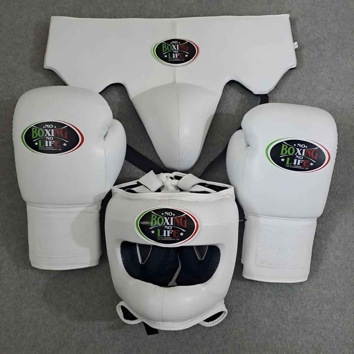 No Boxing No Life custom professional sparring set in pure white leather including lace-up gloves, headgear, and groin protector.