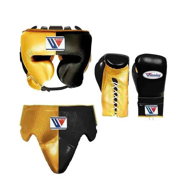 Winning professional custom 3-piece boxing sparring gear set featuring a matching lace-up glove pair, full-face headguard, and groinguard in an asymmetrical half metallic gold and half black split leather colorway.