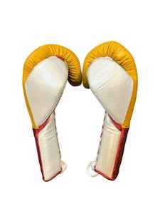 Authentic Yellow and Metallic Red No Boxing No Life professional boxing gloves featuring the grizzly bear graphic and official branding.