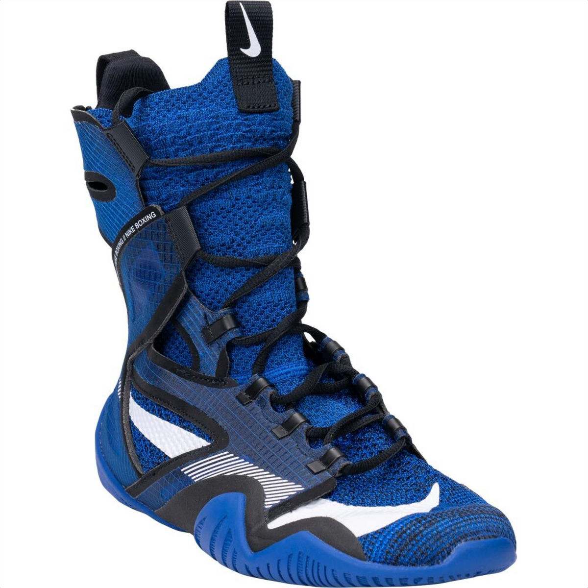 Nike Hyperko 2 boxing shoes in royal blue and black with white Nike Swoosh, high-top exoskeleton design