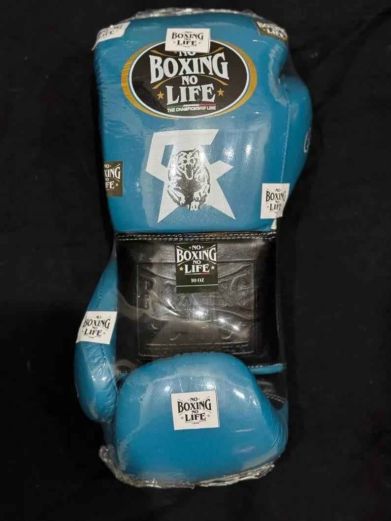 No Boxing No Life Professional Lace-Up Boxing Gloves - Sky Blue & Black Edition - PunchPro Boxing