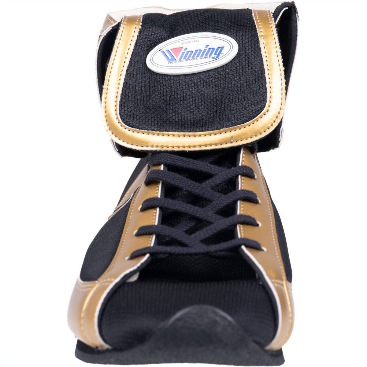 Close-up of Winning short-cut boxing boot showing black and gold fabric construction, laces, and oval Winning brand patch