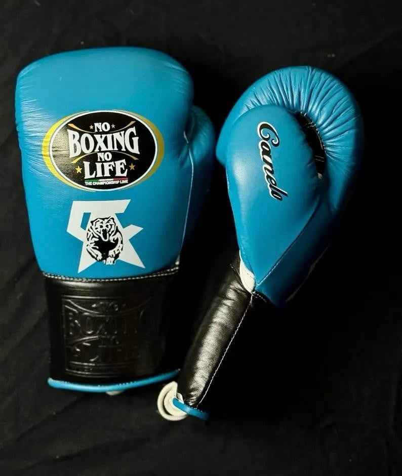 No Boxing No Life custom professional lace-up boxing gloves in sky blue leather with black palms and cuffs.