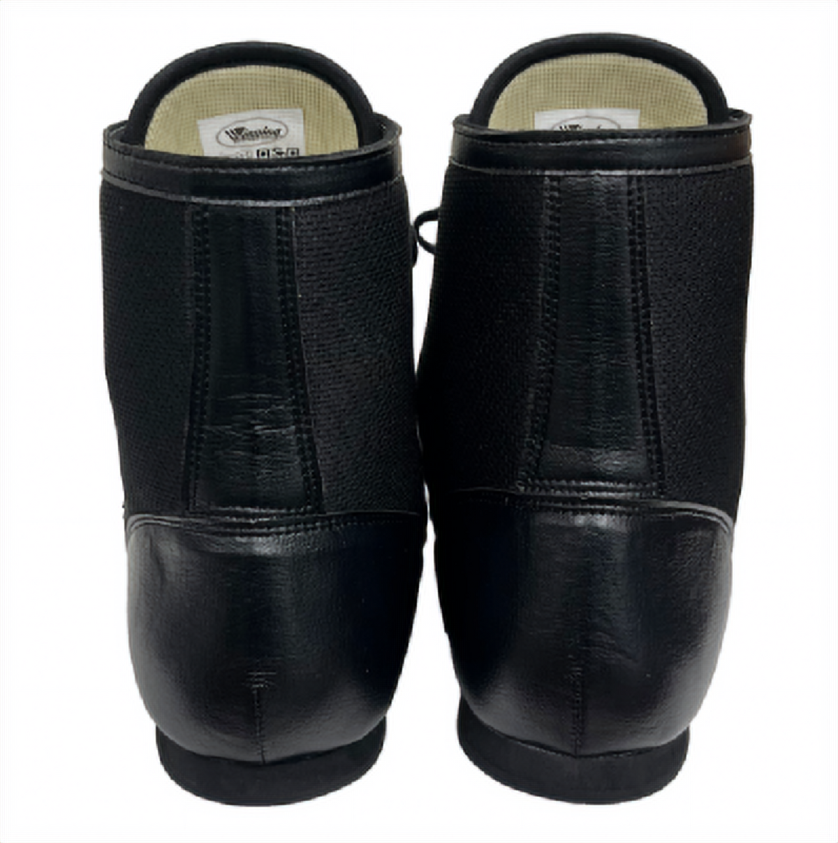 Pair of black Winning RS-100 boxing boots shown from the back featuring textured side panel and smooth leather heel cap