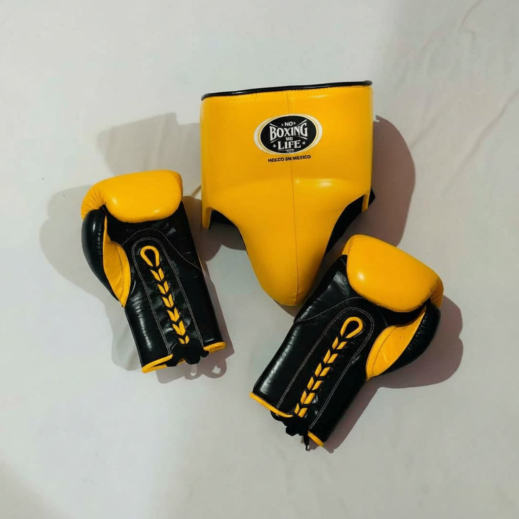 No Boxing No Life Professional Gloves, Headguard, and Groinguard Set - Mustard Yellow & Black Custom Edition - PunchPro Boxing