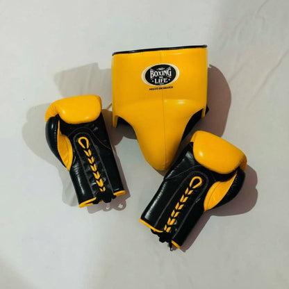 No Boxing No Life yellow and black leather boxing gloves with focus pad