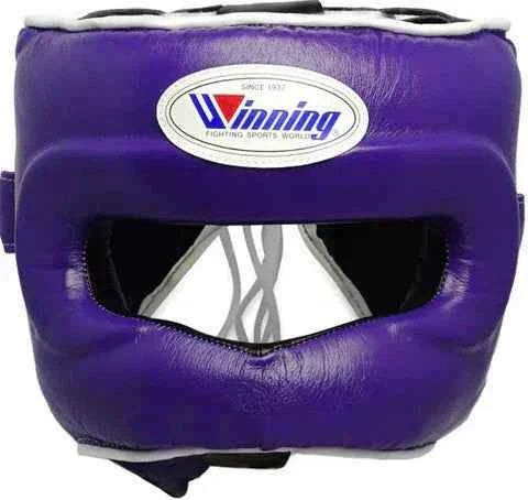 Custom Winning FG-5000 professional bar-style boxing headguard in purple leather with front nose protection bar.
