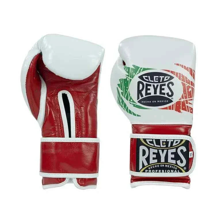 Limited edition Cleto Reyes professional hook-and-loop training boxing gloves featuring a white leather punching surface with a green and red abstract Mexican flag graphic, paired with a red leather palm and cuff.