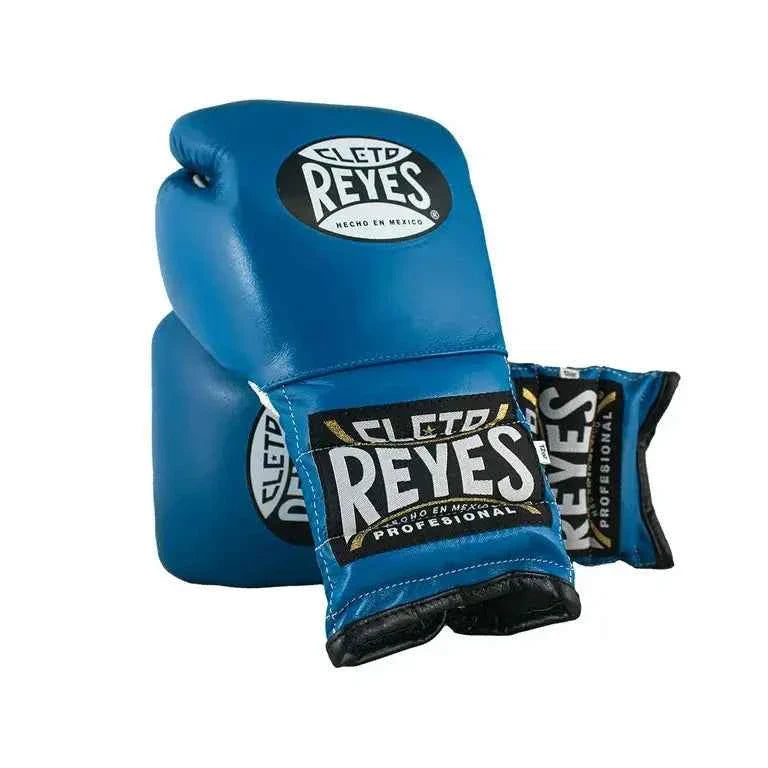 Official Cleto Reyes professional lace-up training boxing gloves in royal blue leather featuring a white inner palm panel, a black lace border panel with white laces, and traditional brand markings.