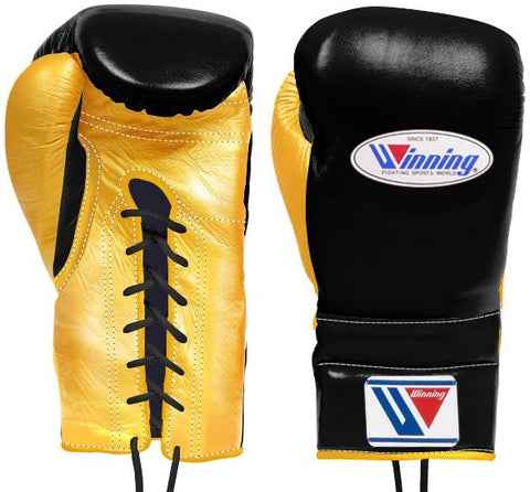 Custom Winning MS-600 professional 16oz lace-up boxing gloves in black leather with metallic gold palms and black laces, handcrafted in Japan.
