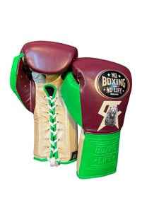 Authentic No Boxing No Life professional boxing gloves in maroon and lime green with grizzly bear graphic and official branding.