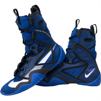 Pair of Nike Hyperko 2 royal blue and black high-top boxing shoes with white Swoosh detailing