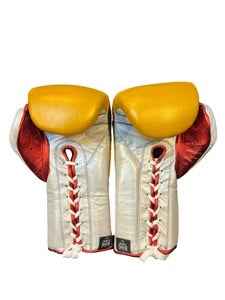 Authentic Yellow and Metallic Red No Boxing No Life professional boxing gloves featuring the grizzly bear graphic and official branding.