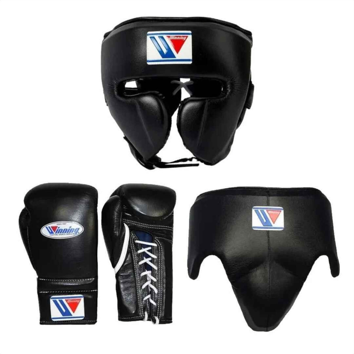 Winning Classic Black 3-piece boxing sparring set with lace-up gloves, FG-2900 headgear, and CPS-500 groin guard