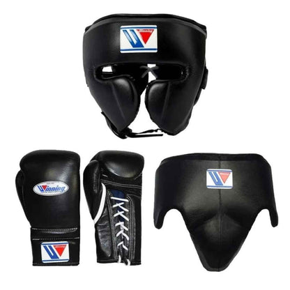 Winning Classic Black 3-piece boxing sparring set with lace-up gloves, FG-2900 headgear, and CPS-500 groin guard