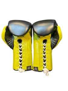 Authentic Black and Yellow No Boxing No Life professional boxing gloves featuring the grizzly bear graphic and official branding.