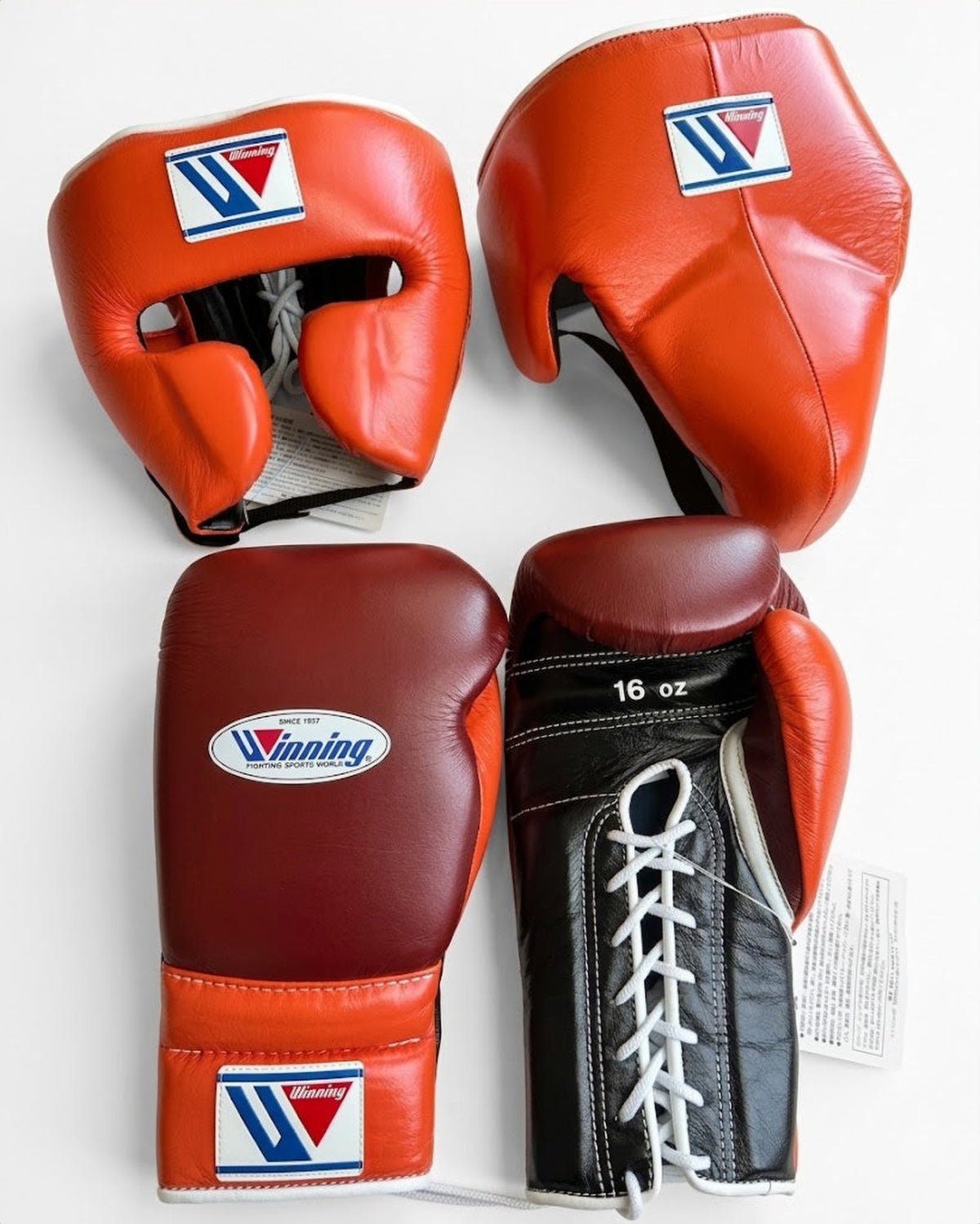 Winning Maroon/Black/Orange 3-piece boxing sparring set with lace-up gloves, FG-2900 headgear, and CPS-500 groin guard