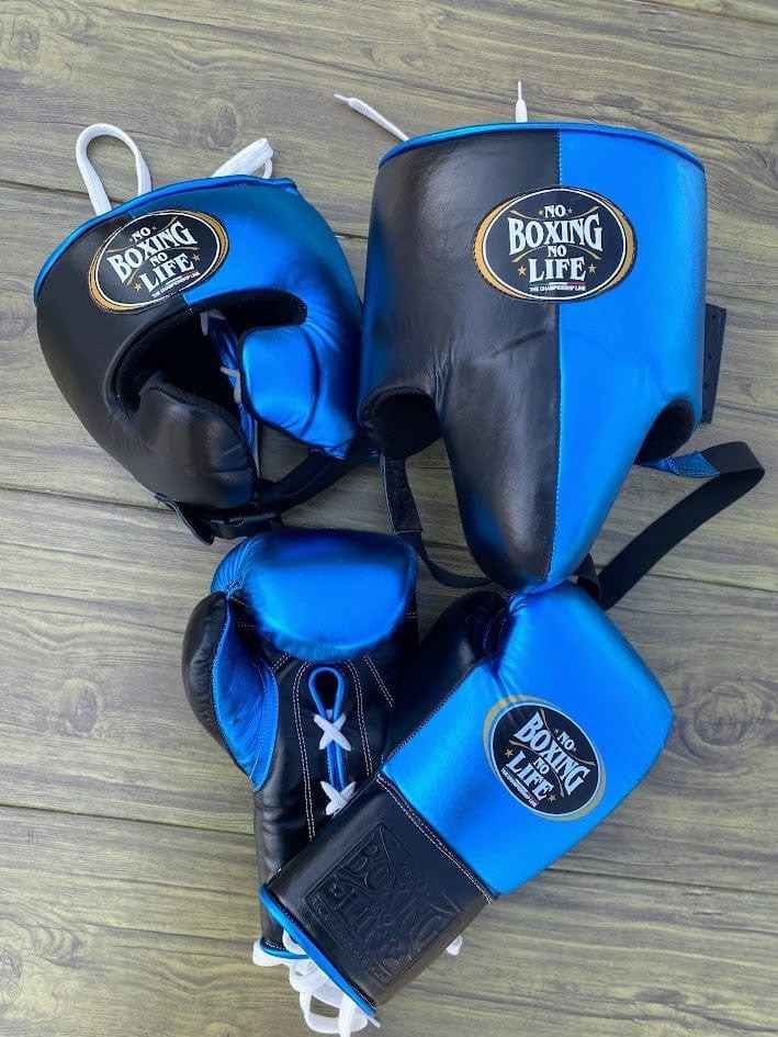 No Boxing No Life custom professional sparring set in metallic blue and black split-leather including lace-up gloves, headgear, and groin protector.