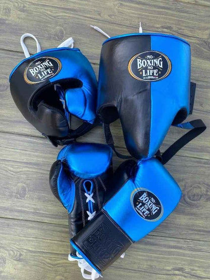 No Boxing No Life Metallic Blue and Black sparring set with lace-up gloves, headgear, and groin protector