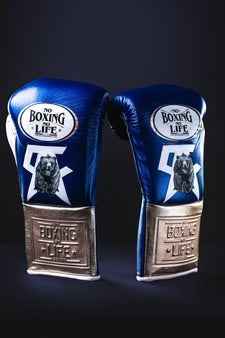 Authentic blue and metallic silver No Boxing No Life professional boxing gloves featuring the grizzly bear graphic and official branding.