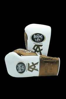 Authentic white and brown No Boxing No Life professional lace-up boxing gloves handcrafted in Mexico with official branding.