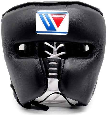 Winning FG-2900 professional boxing headguard in black leather with official branding logo and white rear laces.
