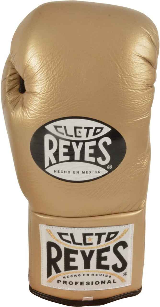 Official Cleto Reyes professional training boxing glove in gold metallic leather featuring a high-sheen champagne finish, a black printed brand insignia, and a stitched wrist cuff patch.