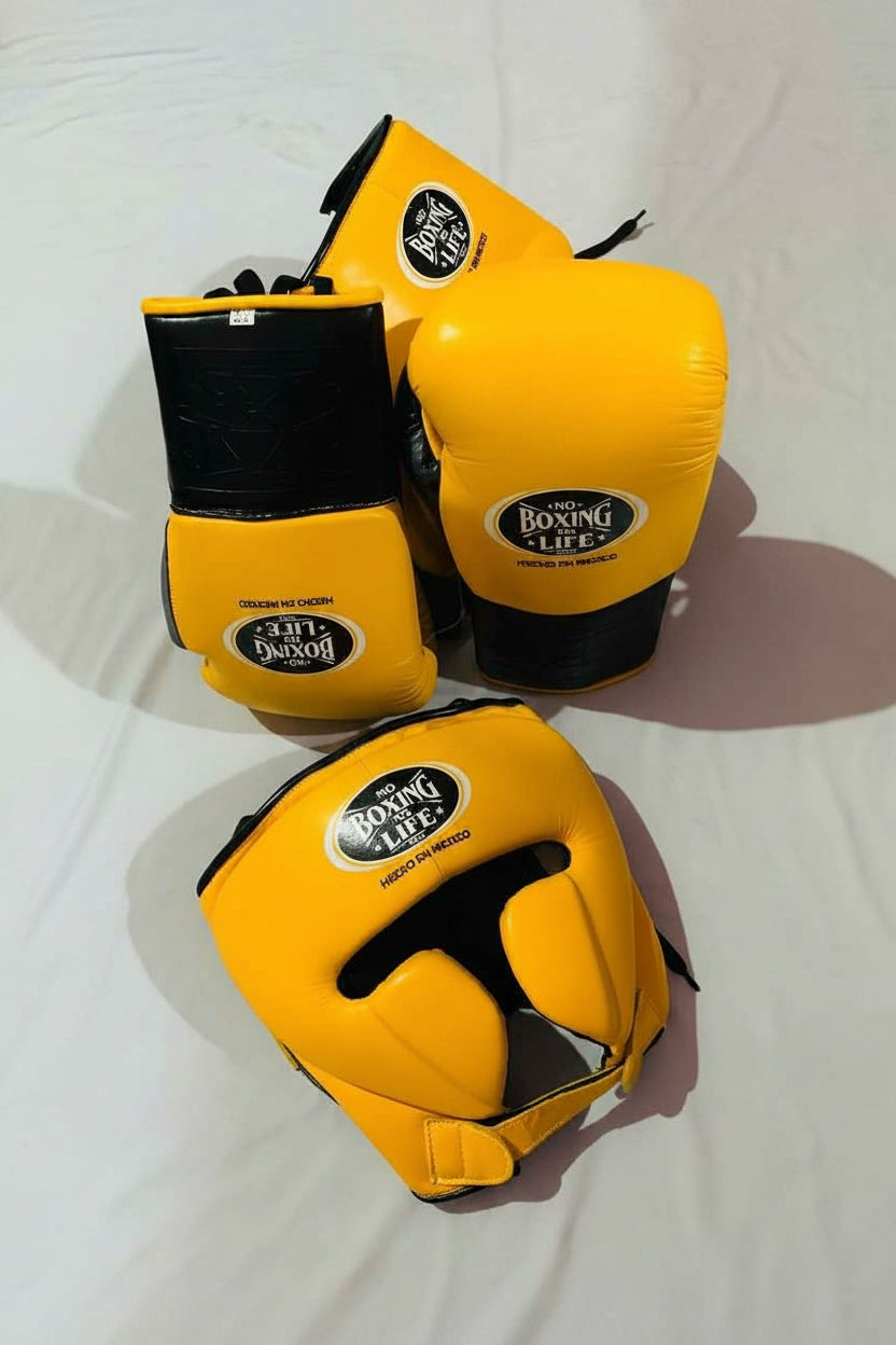 No Boxing No Life Professional Gloves, Headguard, and Groinguard Set - Mustard Yellow & Black Custom Edition - PunchPro Boxing