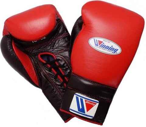 Custom Winning MS-600 professional 16oz lace-up boxing gloves in red leather with black palms and black laces, handcrafted in Japan.