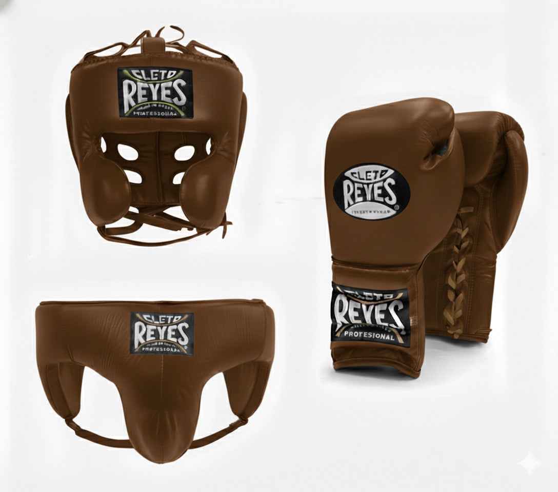 Official Cleto Reyes professional 3-piece boxing sparring gear set featuring matching lace-up gloves, a cheek protector headguard, and a groinguard in uniform classic chocolate brown leather.