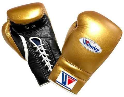 Custom metallic gold and black Winning MS-600 professional 16oz lace-up boxing gloves handcrafted in Japan with white laces.