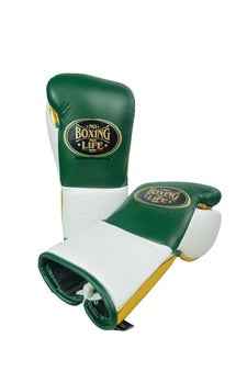 Authentic Forest Green, White, and Metallic Gold No Boxing No Life professional lace-up boxing gloves handcrafted in Mexico with official branding.