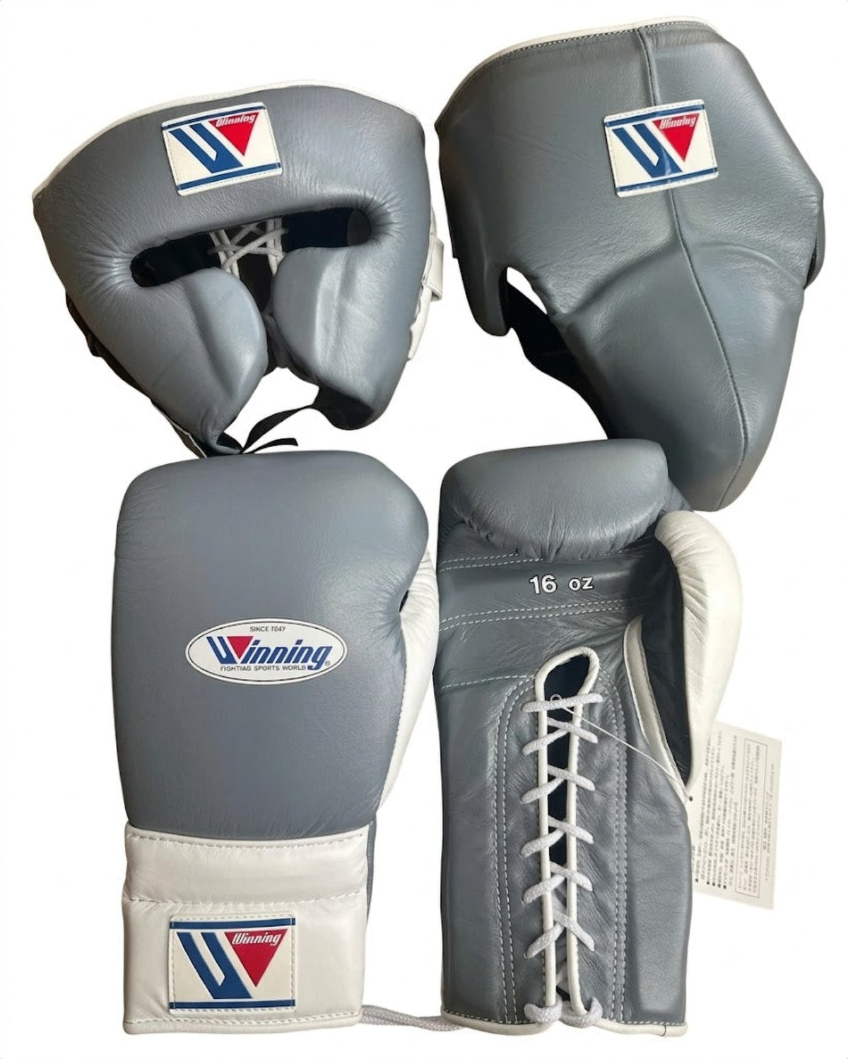 Winning gray and white 3-piece boxing sparring set with lace-up gloves, FG-2900 headgear and CPS-500 groin guard