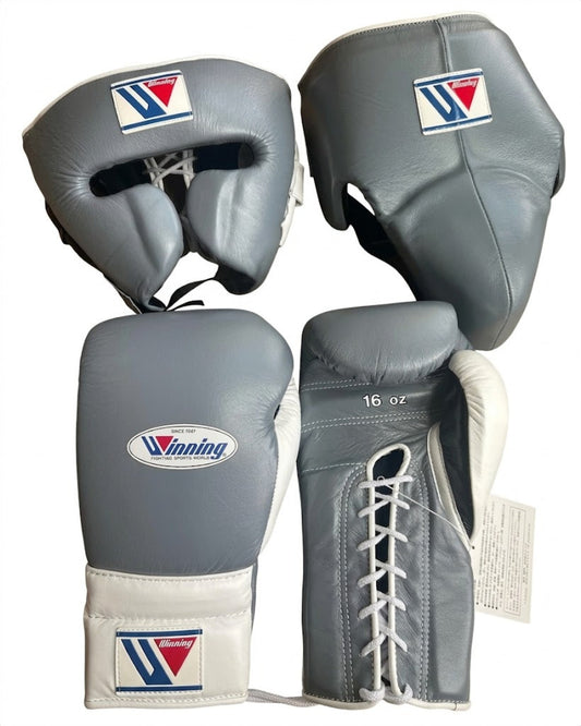 Winning gray and white 3-piece boxing sparring set with lace-up gloves, FG-2900 headgear and CPS-500 groin guard