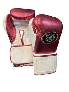 Authentic No Boxing No Life professional boxing gloves in iridescent rose with white cuffs and official branding.