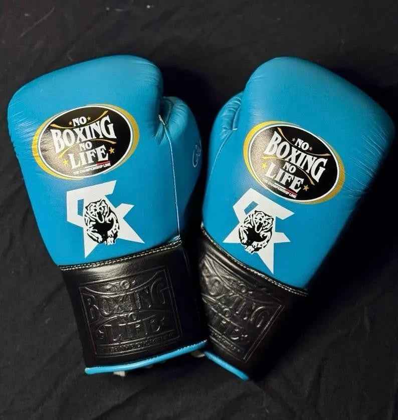 No Boxing No Life custom professional lace-up boxing gloves in sky blue leather with black palms and cuffs.