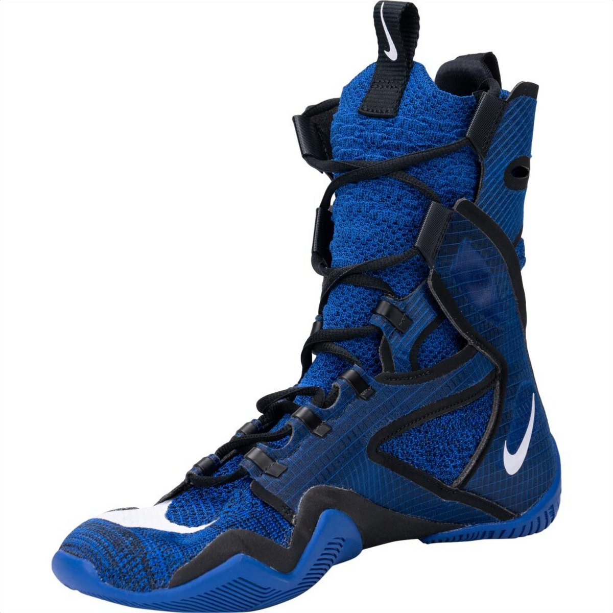 Nike Hyperko 2 royal blue and black high-top boxing shoe shown from three-quarter angle