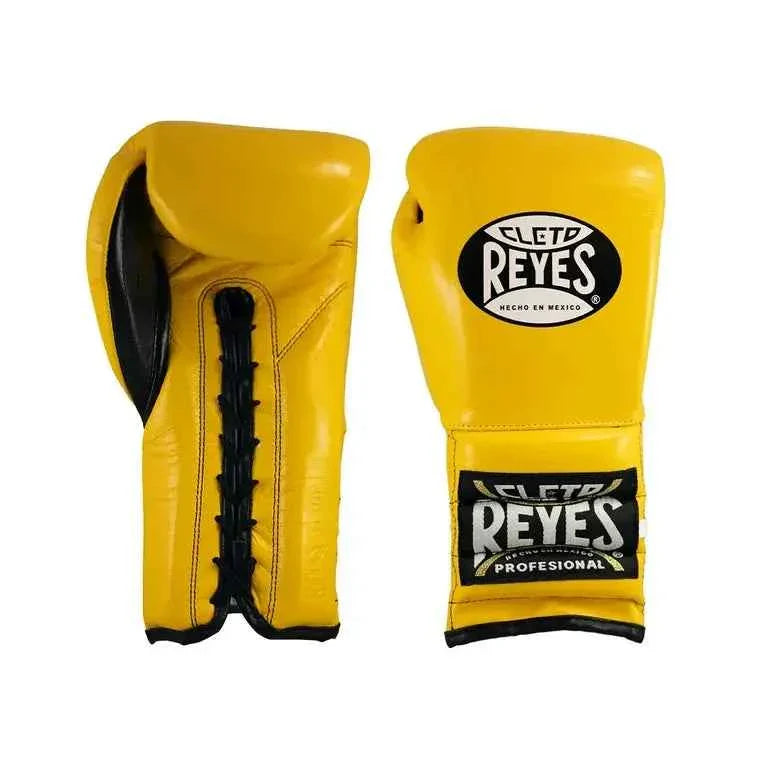 Official Cleto Reyes professional lace-up training boxing gloves in yellow leather featuring a black inner thumb panel, black laces, and the traditional white and black brand patches.