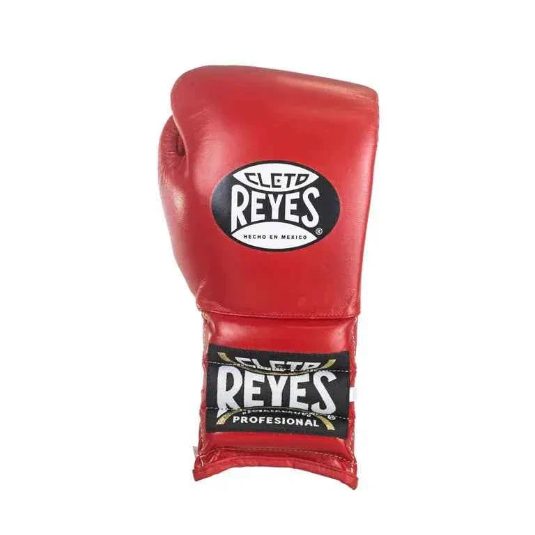 Official Cleto Reyes professional lace-up training boxing gloves in red leather featuring white laces, high-contrast white stitching, and traditional black brand markings.