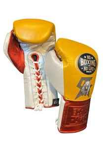 Authentic Yellow and Metallic Red No Boxing No Life professional boxing gloves featuring the grizzly bear graphic and official branding.