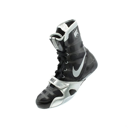 Top-down view looking into the collar and footbed of Nike Hyperko 1 black silver boots