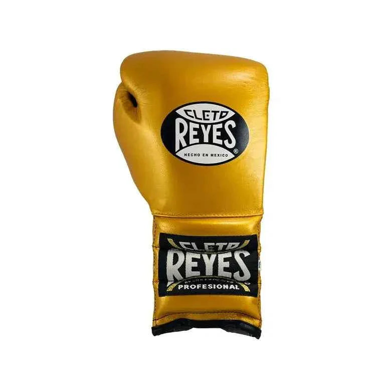 Official Cleto Reyes professional lace-up training boxing gloves in gold metallic leather featuring a black inner thumb panel, black laces, and traditional black and gold brand patches.