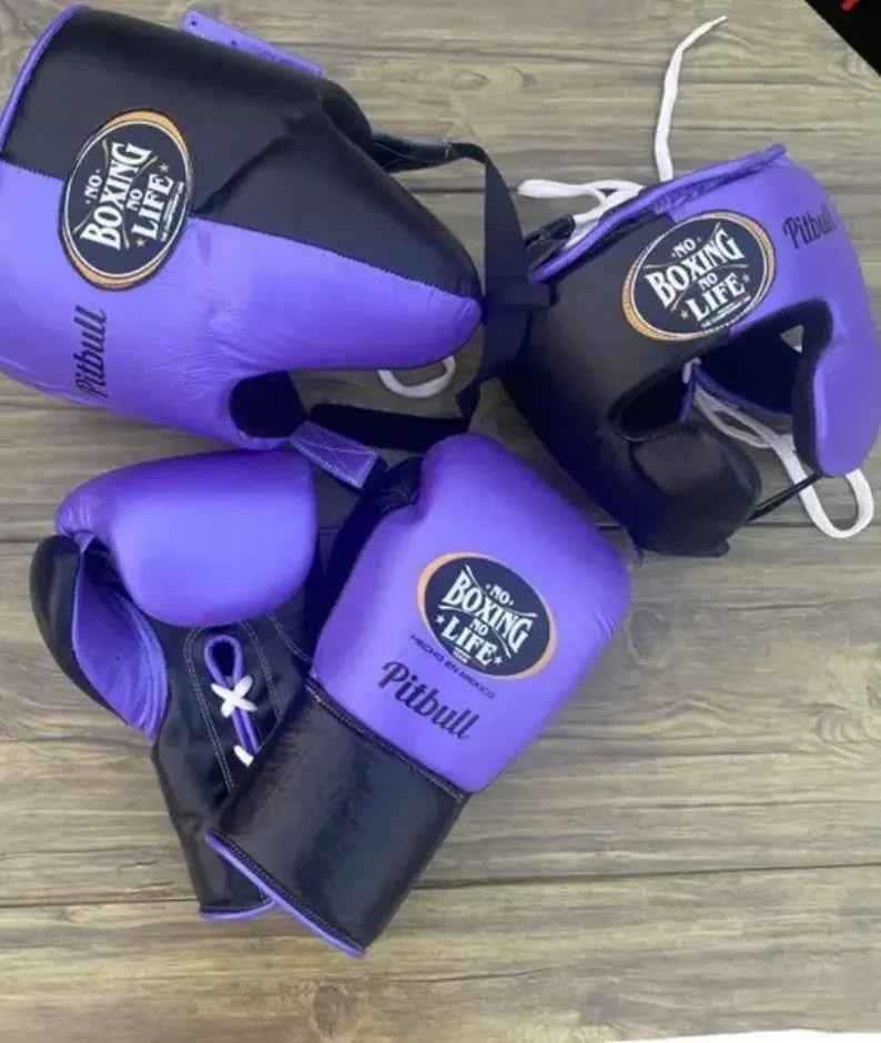 No Boxing No Life custom professional sparring set in purple and black two-tone leather including lace-up gloves, headgear, and groin protector.