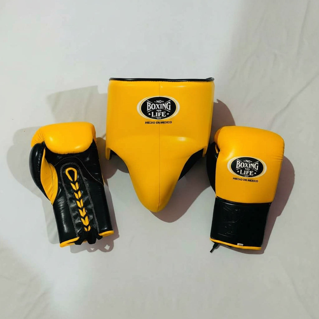 No Boxing No Life Professional Gloves, Headguard, and Groinguard Set - Mustard Yellow & Black Custom Edition - PunchPro Boxing