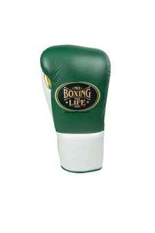 Authentic Forest Green, White, and Metallic Gold No Boxing No Life professional lace-up boxing gloves handcrafted in Mexico with official branding.