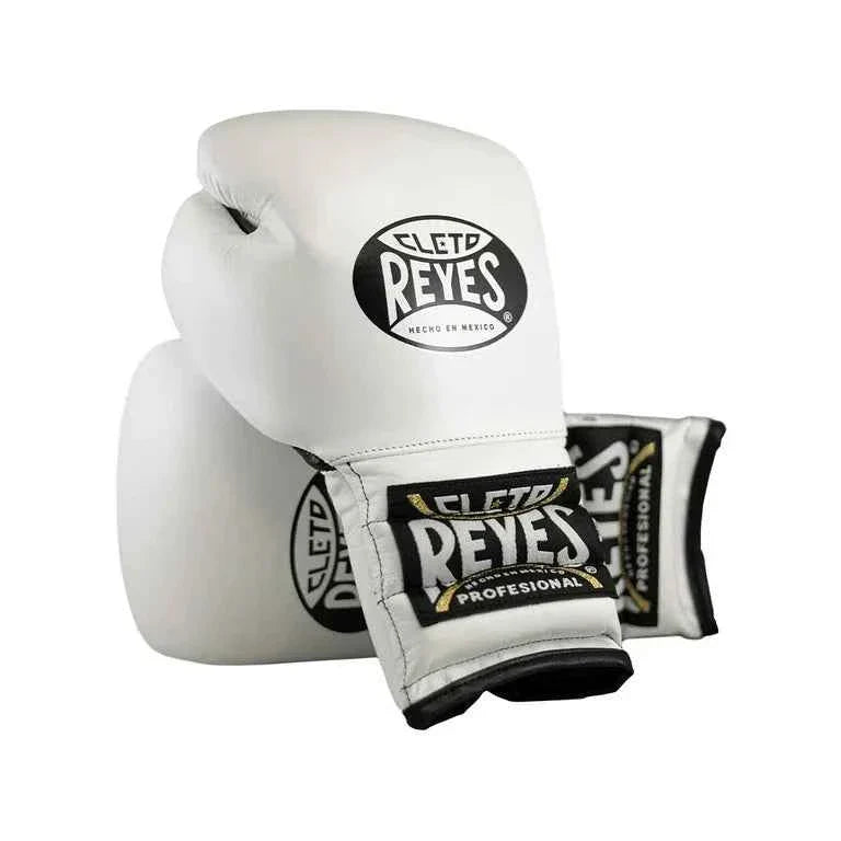 Official Cleto Reyes professional hook-and-loop training boxing gloves in clean white leather featuring a black printed brand logo and traditional black and gold stitched wrist patches.