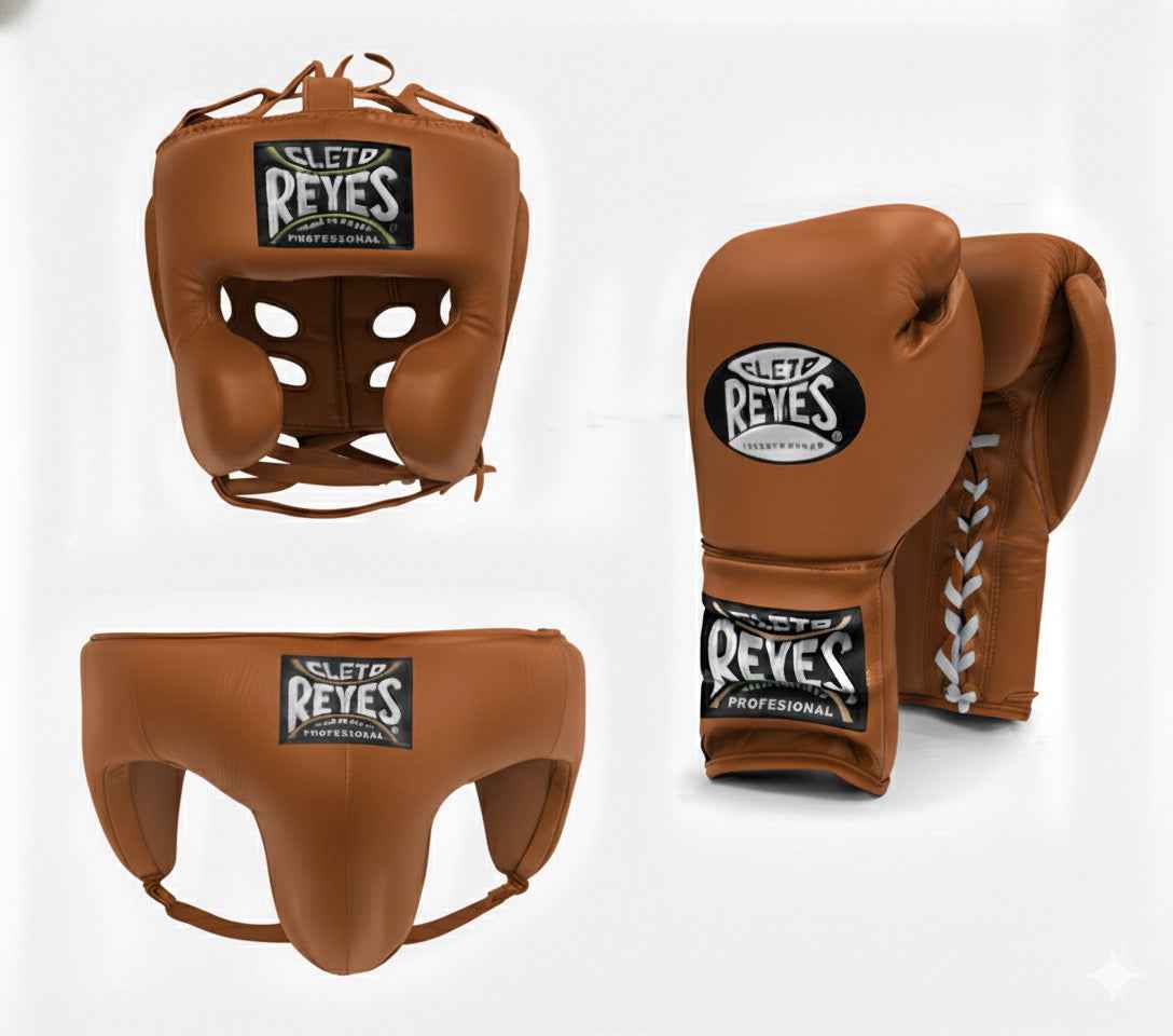 Official Cleto Reyes professional 3-piece boxing sparring gear set featuring matching lace-up gloves, a cheek protector headguard, and a groinguard in uniform classic tiger brown leather.