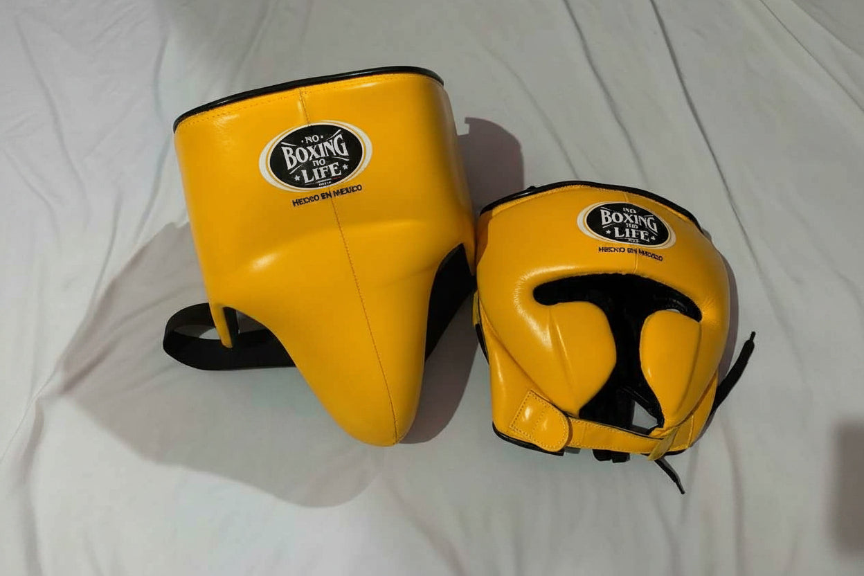 No Boxing No Life Professional Gloves, Headguard, and Groinguard Set - Mustard Yellow & Black Custom Edition - PunchPro Boxing